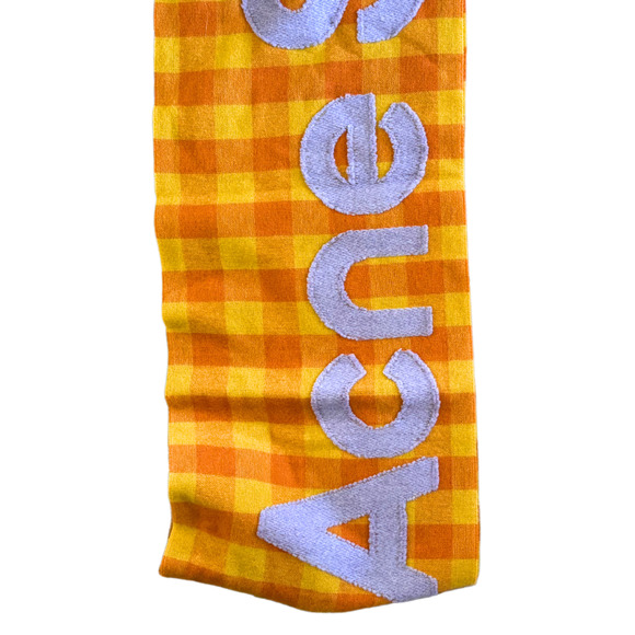 NWT $420 Acne Studios Veda Checked Wool Big Logo Scarf 80"x37" Orange Purple - Picture 7 of 13